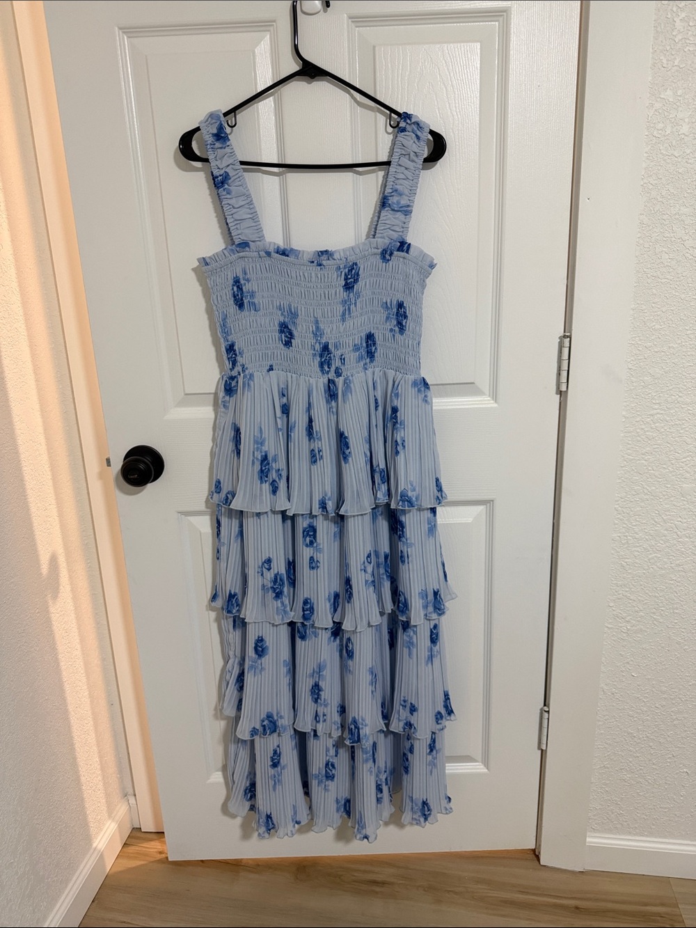 Ganni Light Blue Tiered Floral Midi Dress